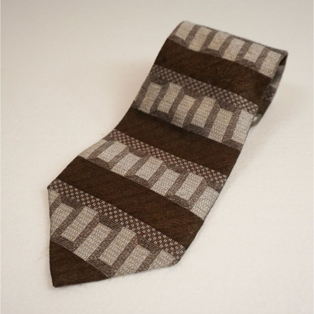 Pierre Cardin Brown & Silver Silk Geometric Pattern Necktie